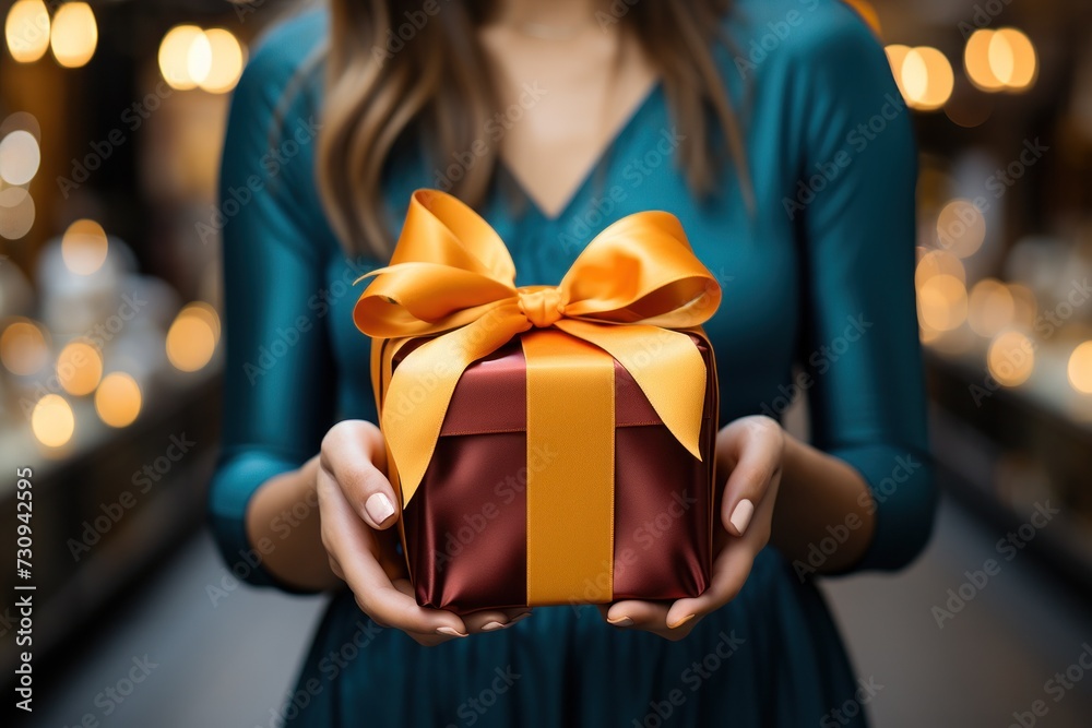 Les mains d'une femme tiennent un coffret cadeau avec un ruban. Nouvel an, Saint-Valentin, fête des mères, fête des pères. Les mains d'une femme tiennent un coffret cadeau avec un ruban. Nouvel an, Saint-Valentin, fête des mères, fête des pères.