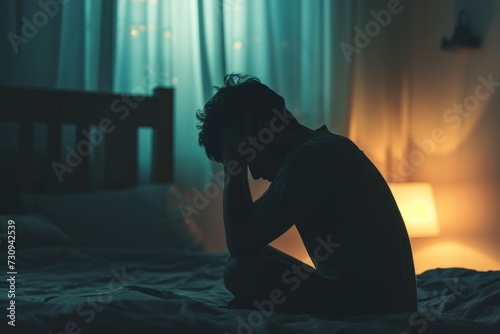 Silhouette man sitting on the bed in the dark room, Sad man