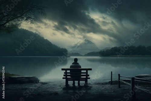 Un homme de dos, assis sur un banc regardant le paysage, lac, forêt et montagnes, ciel brumeux photo