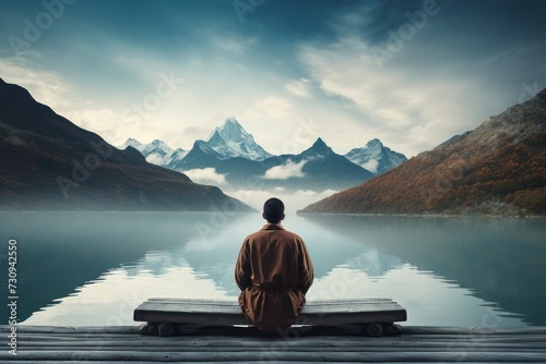 Un homme de dos, assis sur un banc regardant le paysage, lac, forêt et montagnes, ciel brumeux photo