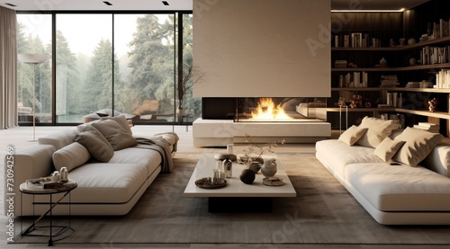 Salon moderne et luxueux avec feu de cheminée. Vacances de rêve.