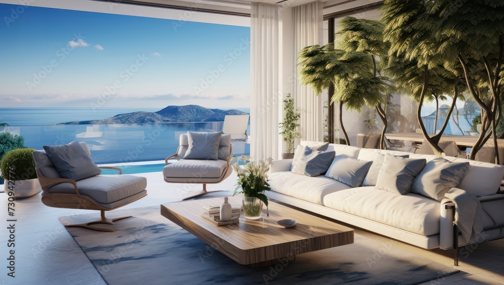 Fototapeta premium Salon moderne et luxueux avec vue sur la mer. Vacances de rêve.