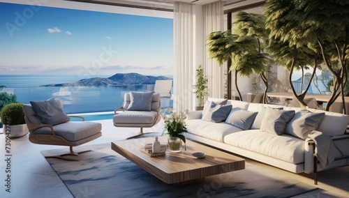 Salon moderne et luxueux avec vue sur la mer. Vacances de rêve.