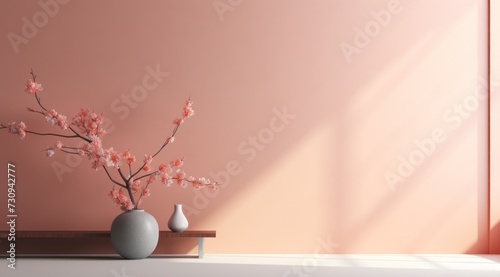 Pièce vide avec mur éclairé peint en rose, plante, image avec espace pour texte.