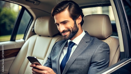 Handsome businessman sitting in luxury car and texting with client on phone, Young attractive businessman in formal using smartphone while sitting on back seat of business car © Naeem