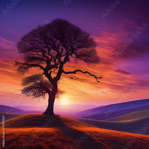 Lone Tree on Purple Hill at Sunset