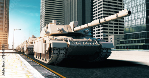 Quadro su tela Tanks Moving Forward Then Slowly Firing Missile In The City