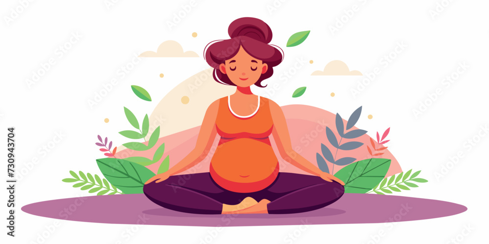 Happy and healthy pregnancy concept. Pregnant woman doing yoga exercises for health and relaxation. Illustration vector isolated on white