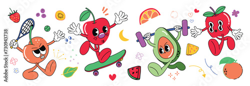 Set of fresh fruit groovy element vector. Funky fruits character design of cherry, avocado, apple, orange, strawberry. Summer juicy illustration for branding, sticker, fabric, clipart, ads.
