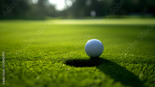 A golf ball on the grass near the hole