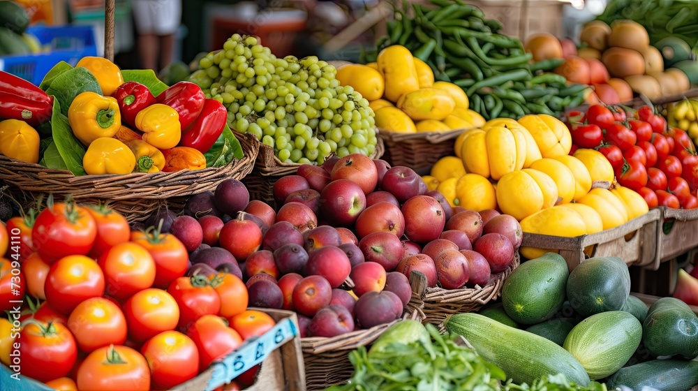 Farmers' Bounty: A vibrant display of fresh, healthy organic fruits and vegetables at the bustling agricultural market
