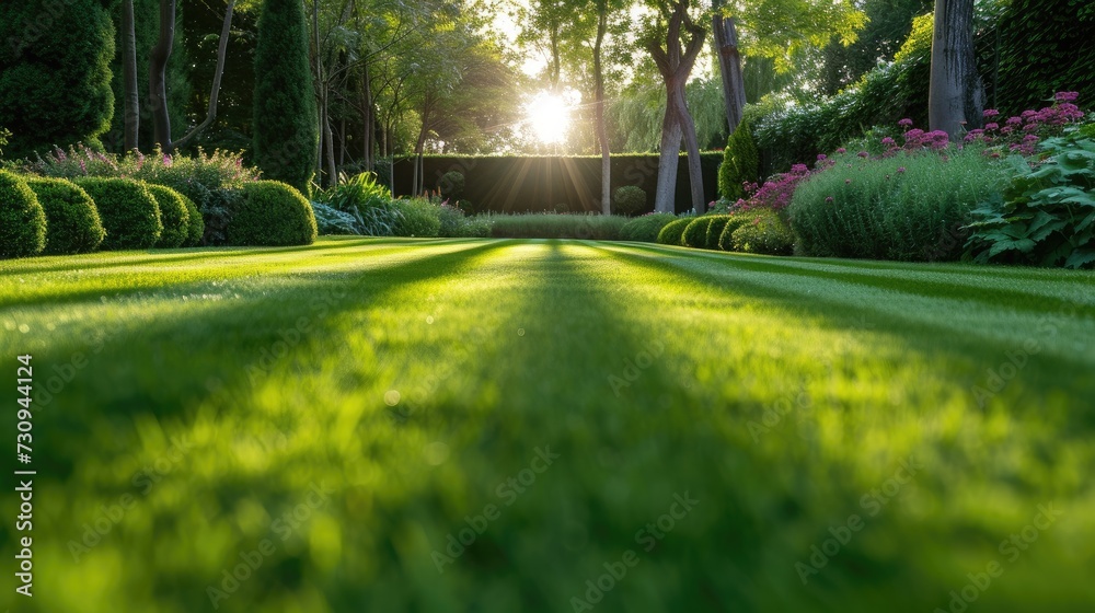 Sunlit Perfection: Capture the essence of a perfectly striped, freshly mowed garden lawn in vibrant summer hues