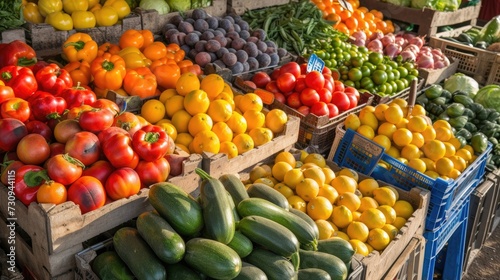 Farmers' Bounty: A vibrant display of fresh, healthy organic fruits and vegetables at the bustling agricultural market
