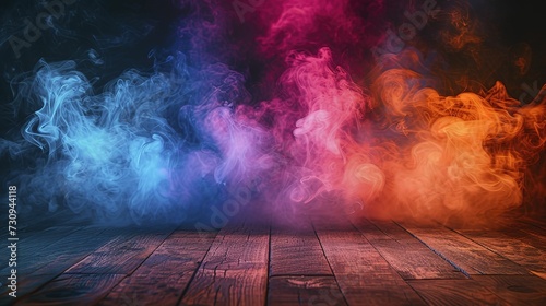 a group of colorful smokes on a wooden floor in front of a black background with a wooden floor in the foreground.