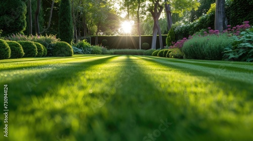 Sunlit Perfection: Capture the essence of a perfectly striped, freshly mowed garden lawn in vibrant summer hues
