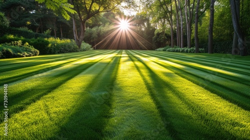 Sunlit Perfection: Capture the essence of a perfectly striped, freshly mowed garden lawn in vibrant summer hues photo