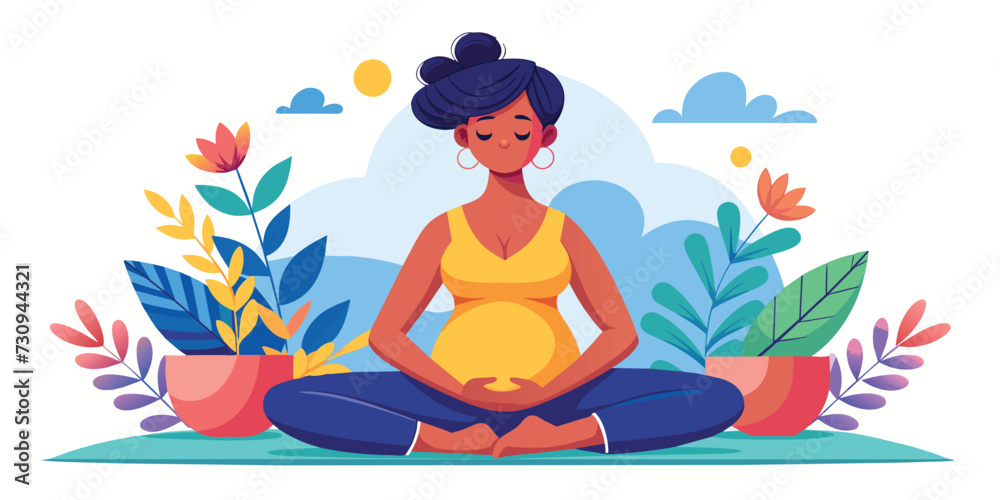 Happy and healthy pregnancy concept. Pregnant woman doing yoga exercises for health and relaxation. Illustration vector isolated on white
