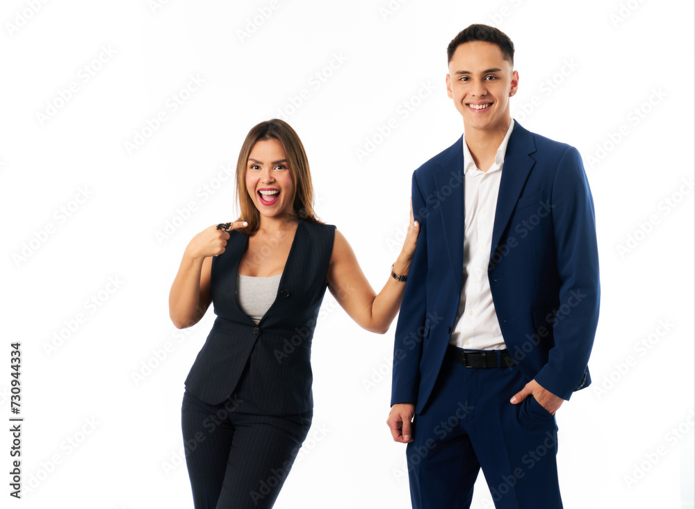 a businesswoman points to her entrepreneurial partner for her success a businesswoman points to her entrepreneurial partner for her success