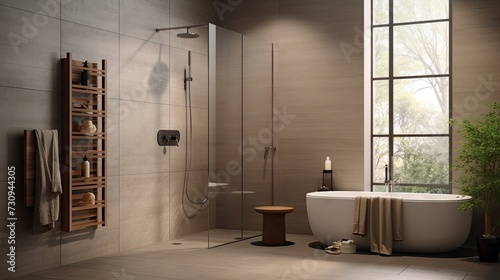 Modern bathroom with wall background and a shower head.