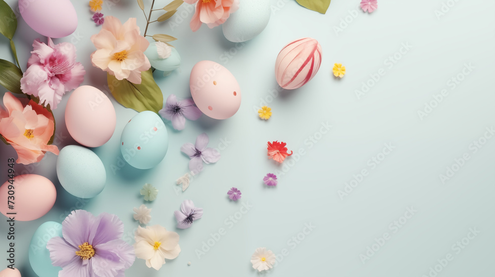 top view realistic colored egg and flowers, easter background, holiday photo 