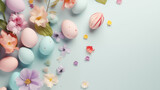 top view realistic colored egg and flowers, easter background, holiday photo 
