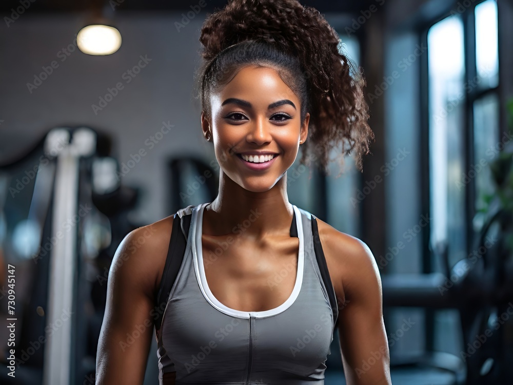 Smiling young black woman fitness model in sportswear doing exercise