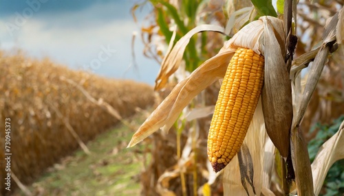 ripe corn cob on tree wait for harvest in corn field agriculture
