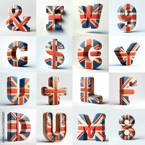 United Kingdom letters shape 3D wooden Lettering Typeface. AI generated illustration