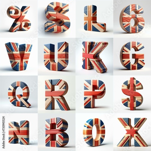 United Kingdom letters shape 3D wooden Lettering Typeface. AI generated illustration