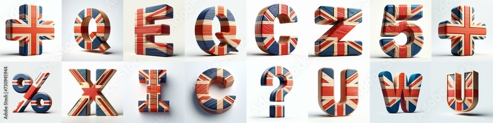 Fototapeta premium United Kingdom letters shape 3D wooden Lettering Typeface. AI generated illustration