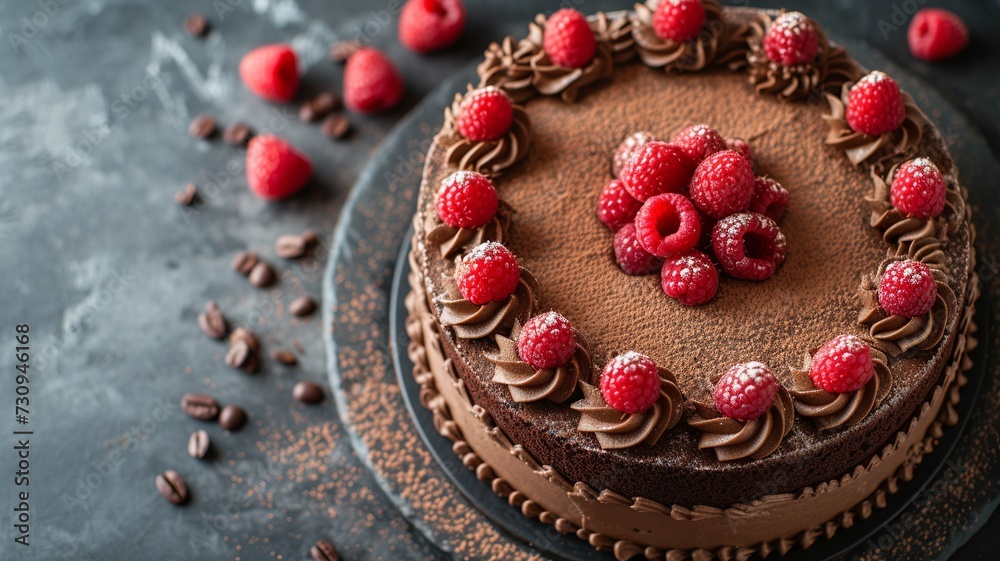 Decadent Chocolate Cake with Raspberries Flat Lay Decadent Chocolate Cake with Raspberries Flat Lay
