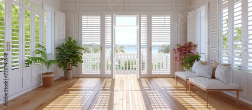 In a room with wooden floors and white shutters on the sides, there's a view. photo