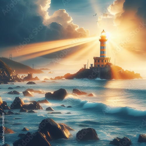 Lighthouse searchlight beam through sea air in Vung Tau. Seascape at morning photo