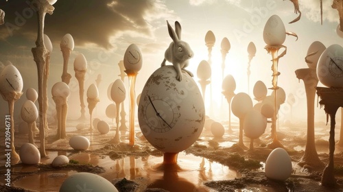In a surreal monochromatic Easter background  a rabbit perches atop an egg  blending whimsy with simplicity in a captivating scene that evokes the magic of the holiday in a unique and enchanting way