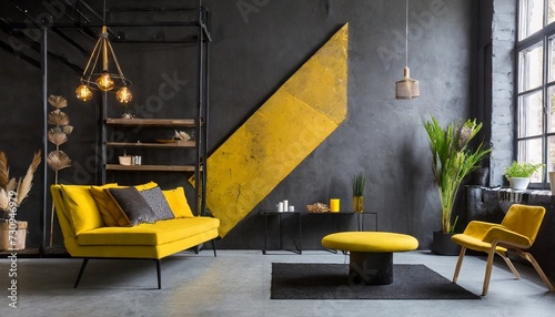 modern house interior loft style black concrete wall and yellow elements generative ai
