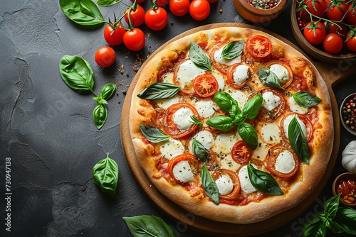 Gourmet Pizza with Fresh Mozzarella Flat Lay