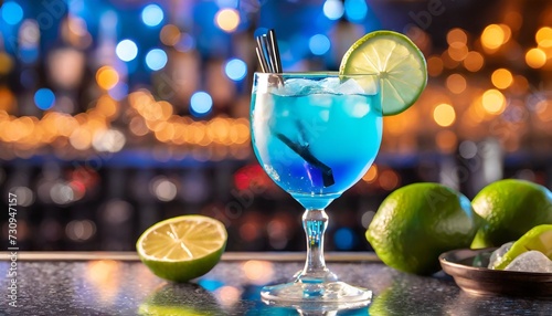 closeup glass of blue lagoon cocktail decorated with lime at festive bar counter background
