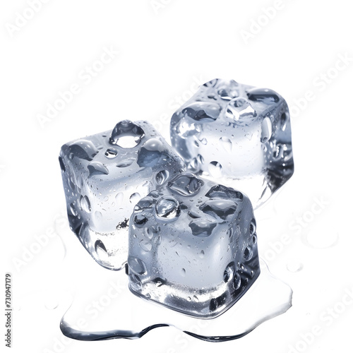 three ice cubes with water droplets on them on a transparent background