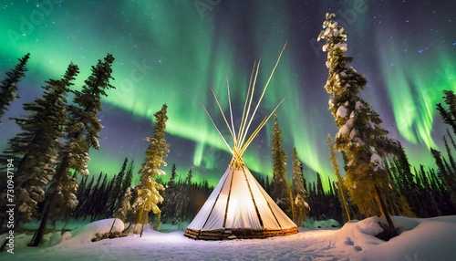 glowing tipi teepee in the snowy forest under the northern lights yellowknife northwest territories canada photo