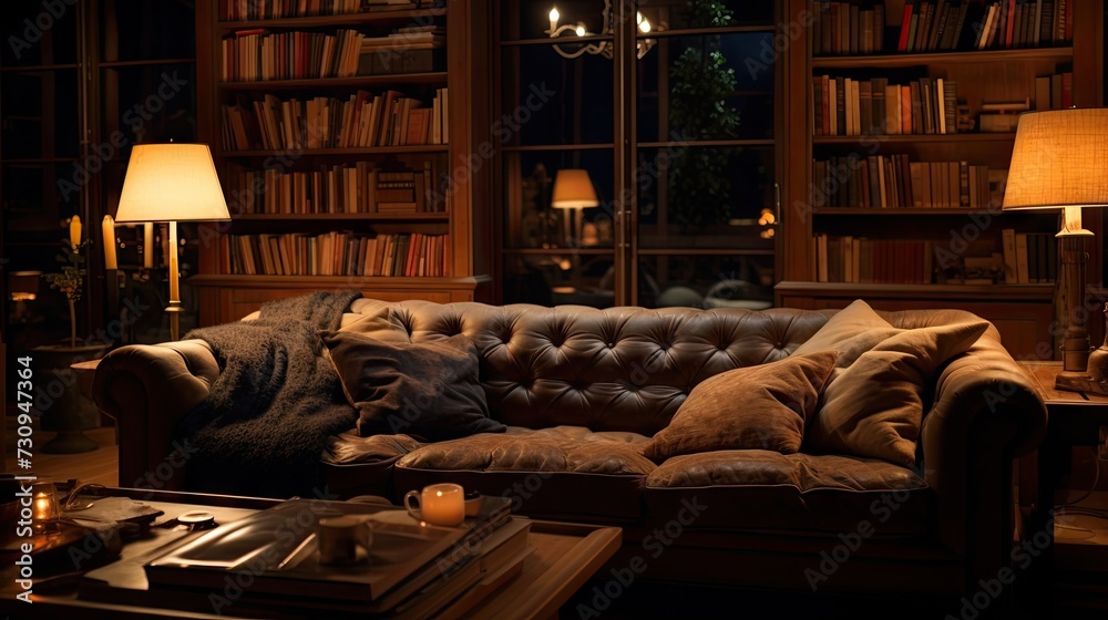 Sophisticated couch in softly lit reading room.