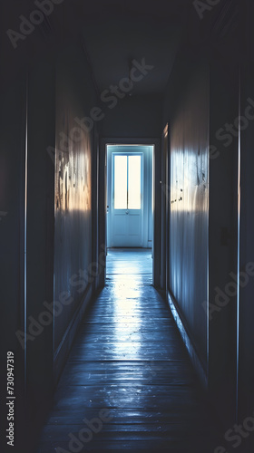 A narrow, long corridor at the end of which there is a bright window © Lin_Studio