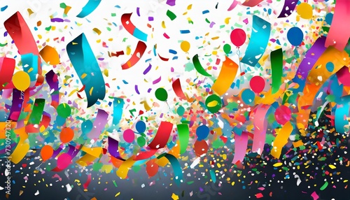 party time celebration with confetti and streamers in the air as a festive design element for an anniversary or birthday fun with a bunch of paper of different colors exploding in happy emotion