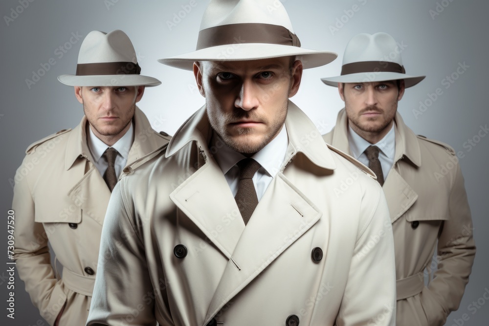 Group of silhouette of detective isolated on white background. Generative AI. Group of silhouette of detective isolated on white background. Generative AI.