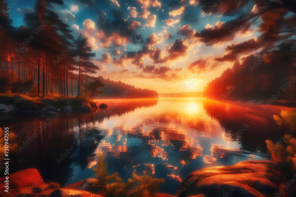 Beautiful sunset over the lake. Colorful summer landscape. Digital painting