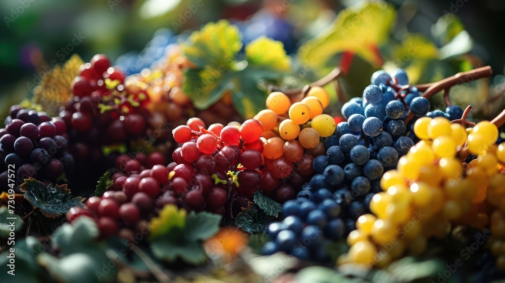 closeup photography fresh Grapes fruit, capturing the bunches of tiny fruits and vibrant colors, arranged in vineyard scene