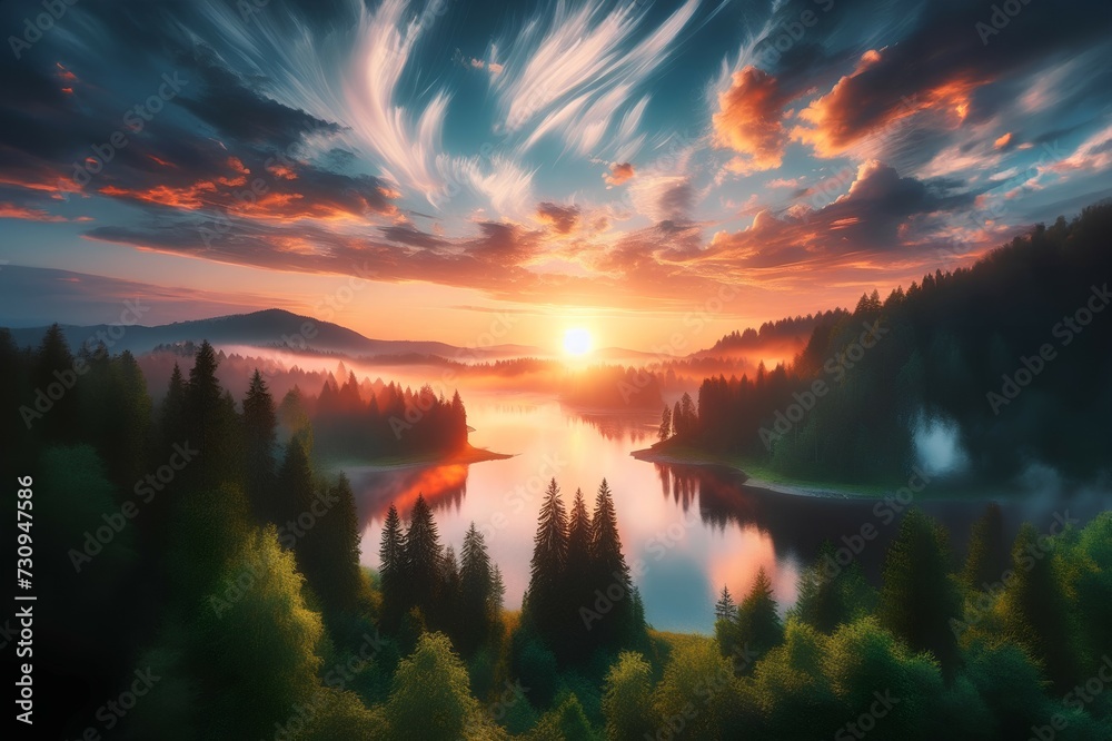 Fantastic sunset over the lake in the mountains. Dramatic scene.