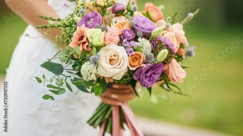 A bride holding a bouquet of flowers in her hand