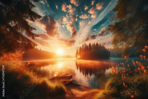Fantastic sunset on the lake. Colorful summer landscape. © milanchikov