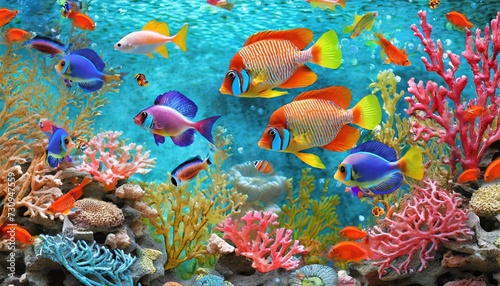 3d wallpaper coral reef tropical colorful fish in the water aquarium © Ashley