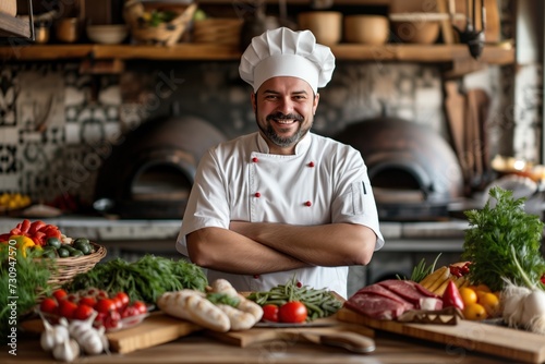 Friendly cheerful chef in a traditional italian restaurants kitchen wtih vintage furnace in the background. Portrait. Job and profession.